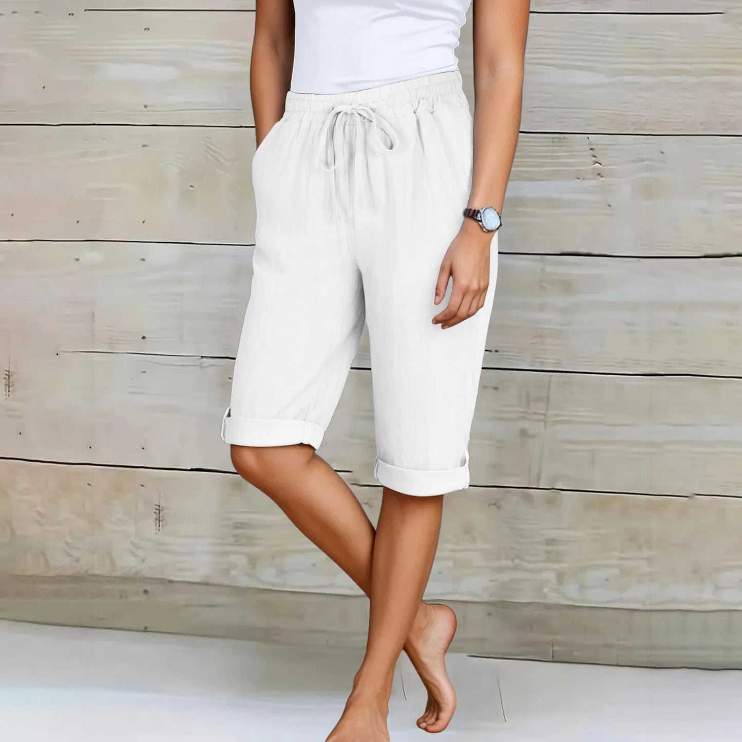 Short d'été décontracté pour femme, longueur genou, coupe droite, taille élastique, cordon de serrage, lacets, pantalon court, longueur genou