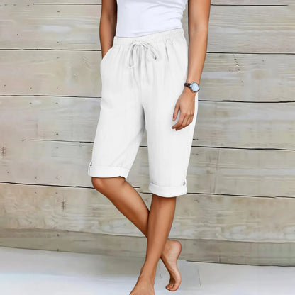 Short d'été décontracté pour femme, longueur genou, coupe droite, taille élastique, cordon de serrage, lacets, pantalon court, longueur genou