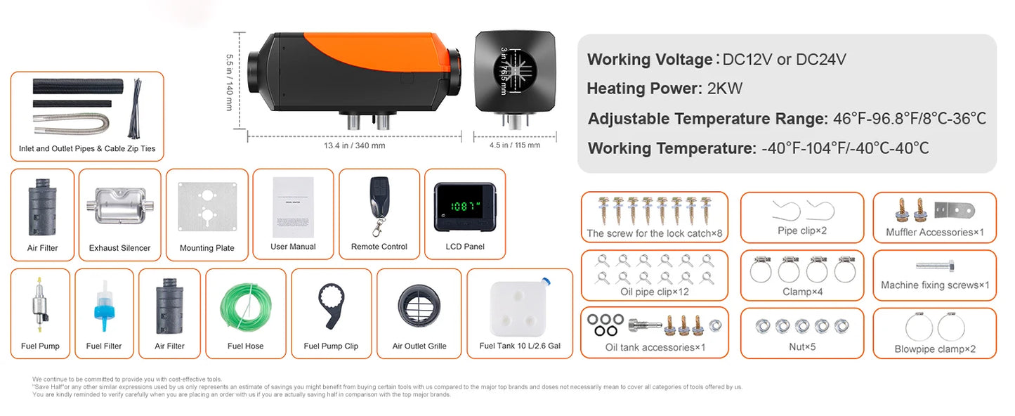 SucceBuy Car Heater 2/5/8KW Diesel Air Heater 12V With Silencer Remote Control Truck Boat Bus Trailer Air Diesel Parking Heater