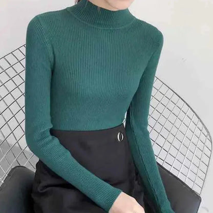 Automne Hiver Mock Neck Women Sweater Vintage Basic Slim Pullover Pulls coréens Pulls simples et chics