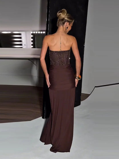 Strapless Sequined Patchwork Long Dress Women Sexy Sleeveless Backless Waist Cinching Hip Package Evening Dresses Chic Lady Robe