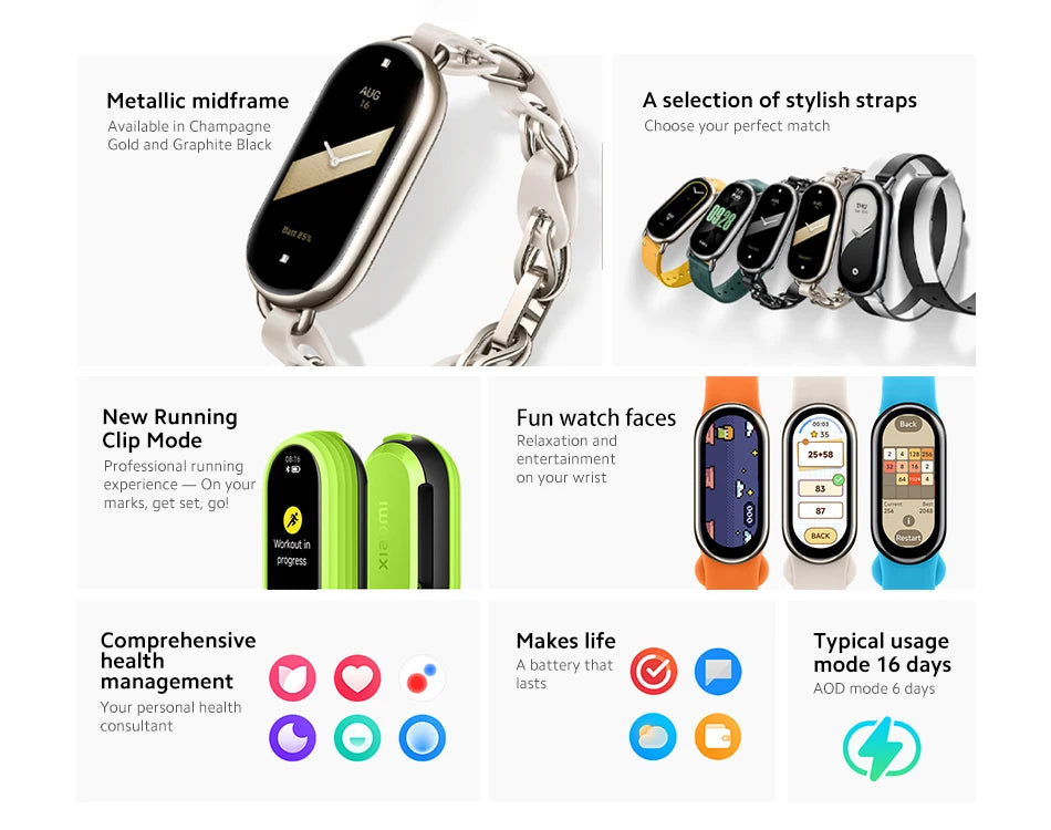 [World Premiere] Global Version Xiaomi Band 8 1.62'' AMOLED Ultra Long Life 16 Days Smart Bracelet 150+ Sport Modes
