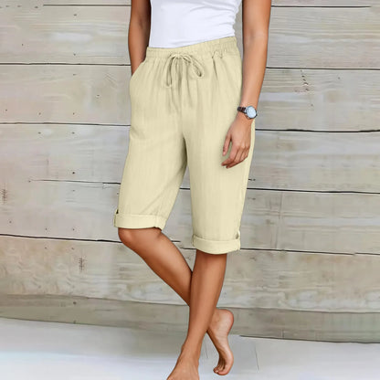 Short d'été décontracté pour femme, longueur genou, coupe droite, taille élastique, cordon de serrage, lacets, pantalon court, longueur genou