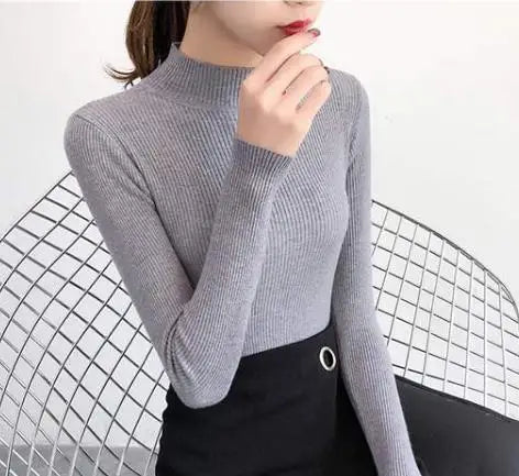 Automne Hiver Mock Neck Women Sweater Vintage Basic Slim Pullover Pulls coréens Pulls simples et chics