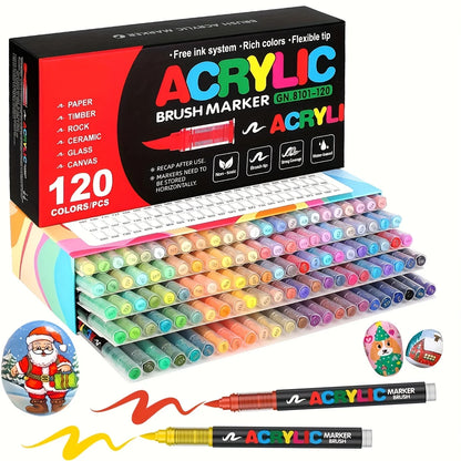 12-120 Colors Acrylic Paint Pens Markers Brush Tip Paint Markers for Rock Painting Wood Canvas Stone Christmas Gift DIY Crafts