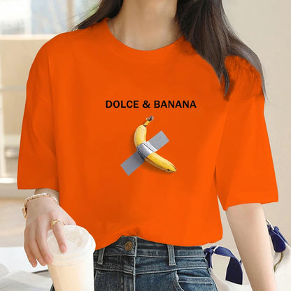 T-shirt Dolce Banana Print Y2K pour femme, surdimensionné, manches courtes, ample, 100 % coton doux, été