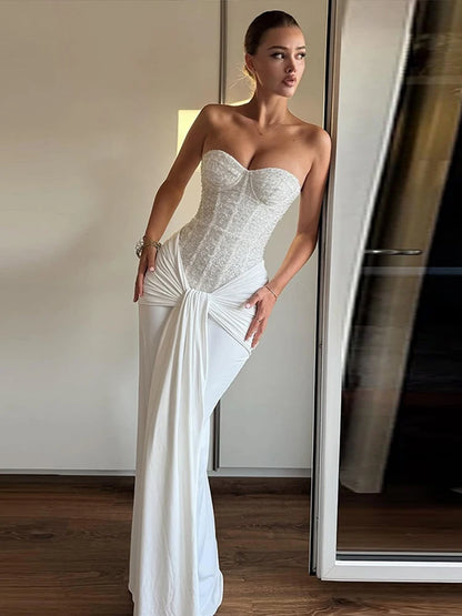 Strapless Sequined Patchwork Long Dress Women Sexy Sleeveless Backless Waist Cinching Hip Package Evening Dresses Chic Lady Robe