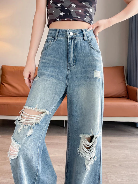 Jeans à trou déchiré pour femmes de style américain, taille haute, décontracté, ample, pantalon en jean à jambes larges, pantalon droit, vêtements de rue pour femmes