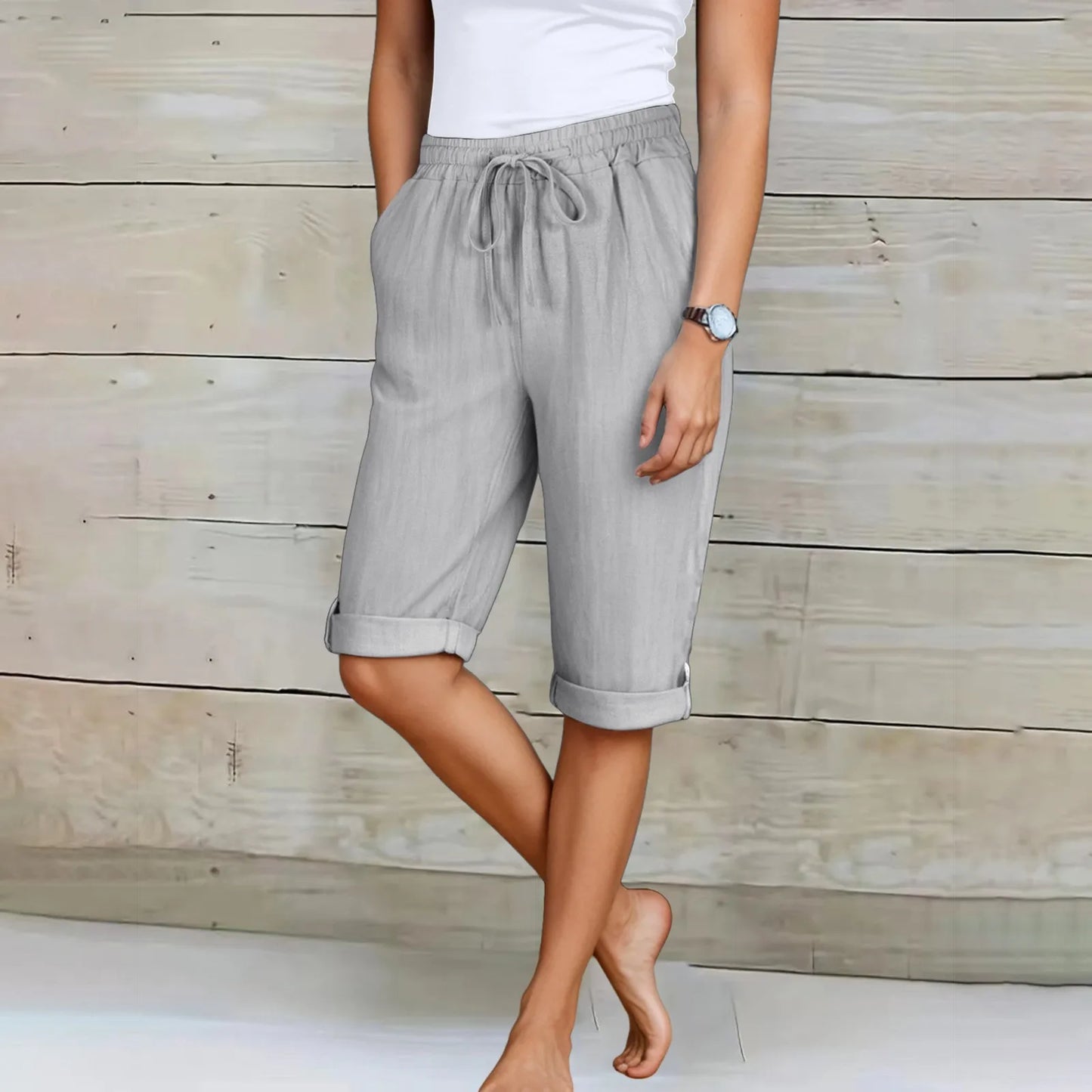 Short d'été décontracté pour femme, longueur genou, coupe droite, taille élastique, cordon de serrage, lacets, pantalon court, longueur genou