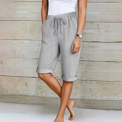 Short d'été décontracté pour femme, longueur genou, coupe droite, taille élastique, cordon de serrage, lacets, pantalon court, longueur genou