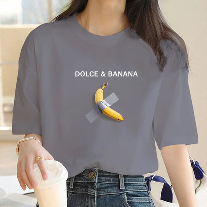 T-shirt Dolce Banana Print Y2K pour femme, surdimensionné, manches courtes, ample, 100 % coton doux, été