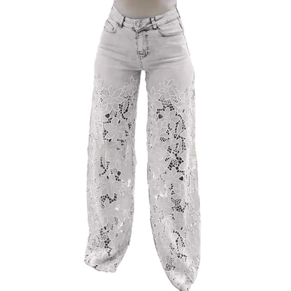 Pantalon en jean pour femmes avec Poches ample Bouton Pantalon à jambe droite Été Elagant Street Lady Outwear