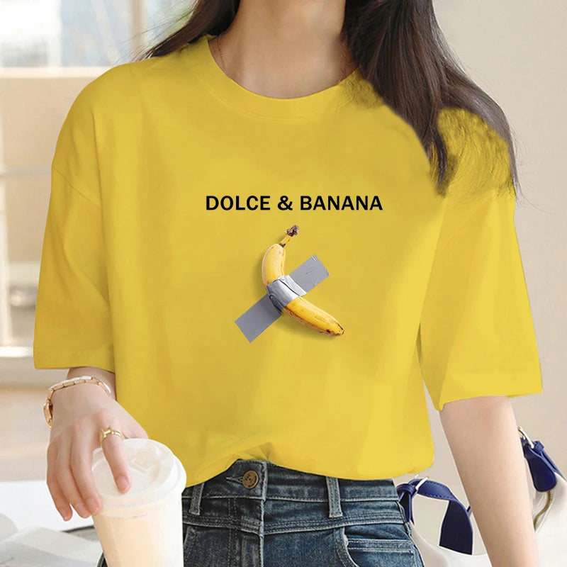 T-shirt Dolce Banana Print Y2K pour femme, surdimensionné, manches courtes, ample, 100 % coton doux, été