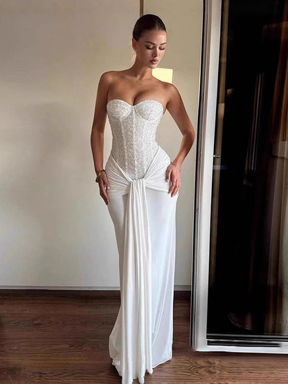 Strapless Sequined Patchwork Long Dress Women Sexy Sleeveless Backless Waist Cinching Hip Package Evening Dresses Chic Lady Robe