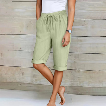 Short d'été décontracté pour femme, longueur genou, coupe droite, taille élastique, cordon de serrage, lacets, pantalon court, longueur genou