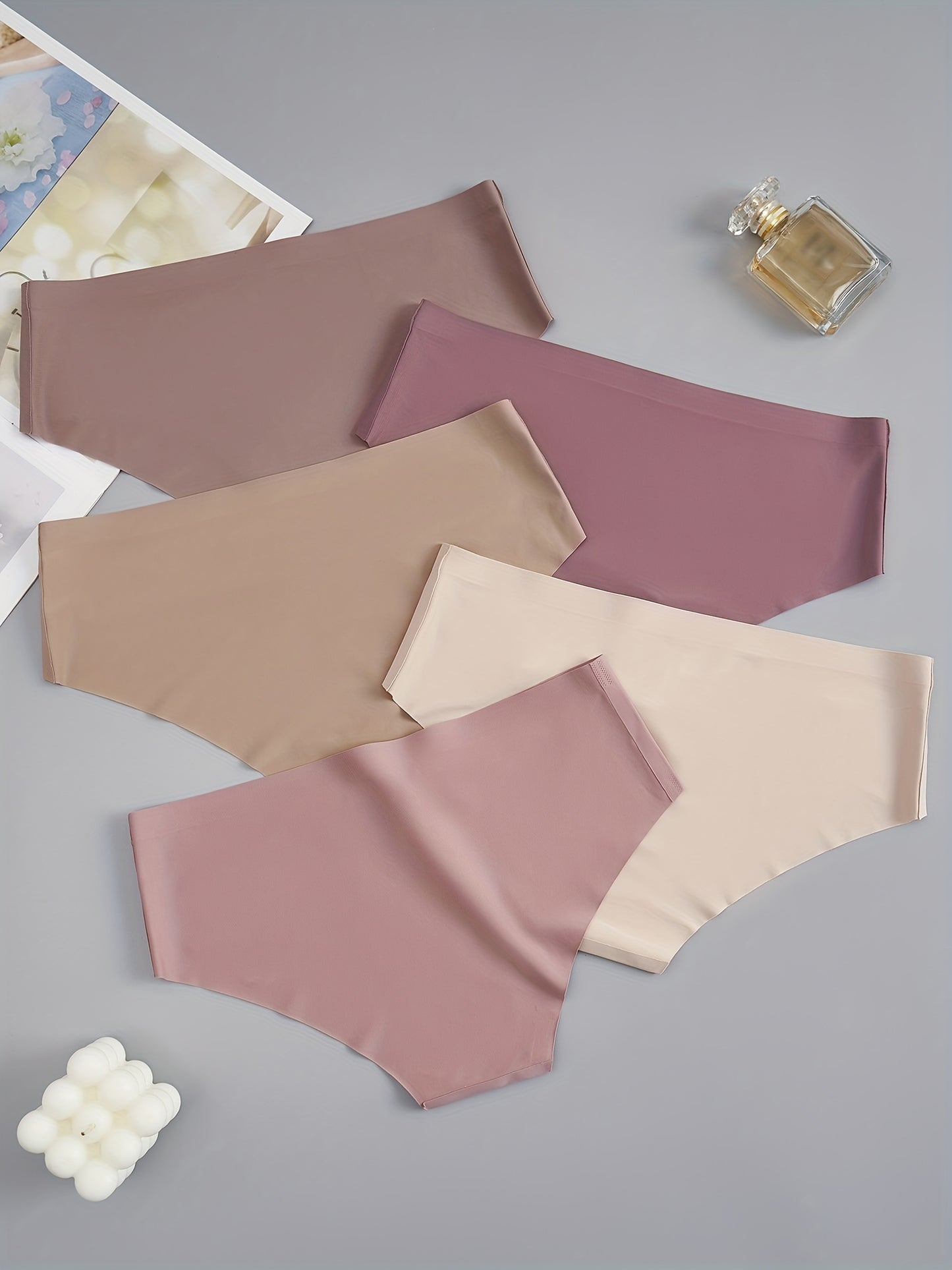 [Soft Briefs] 5pcs Soft & Comfortable Women's Briefs | Seamless, Low-Rise, Stretch Fit, Non-See-Through, Nylon Blend Underwear in Assorted Shades of Brown and Purple, Minimalist Style, Stretchy