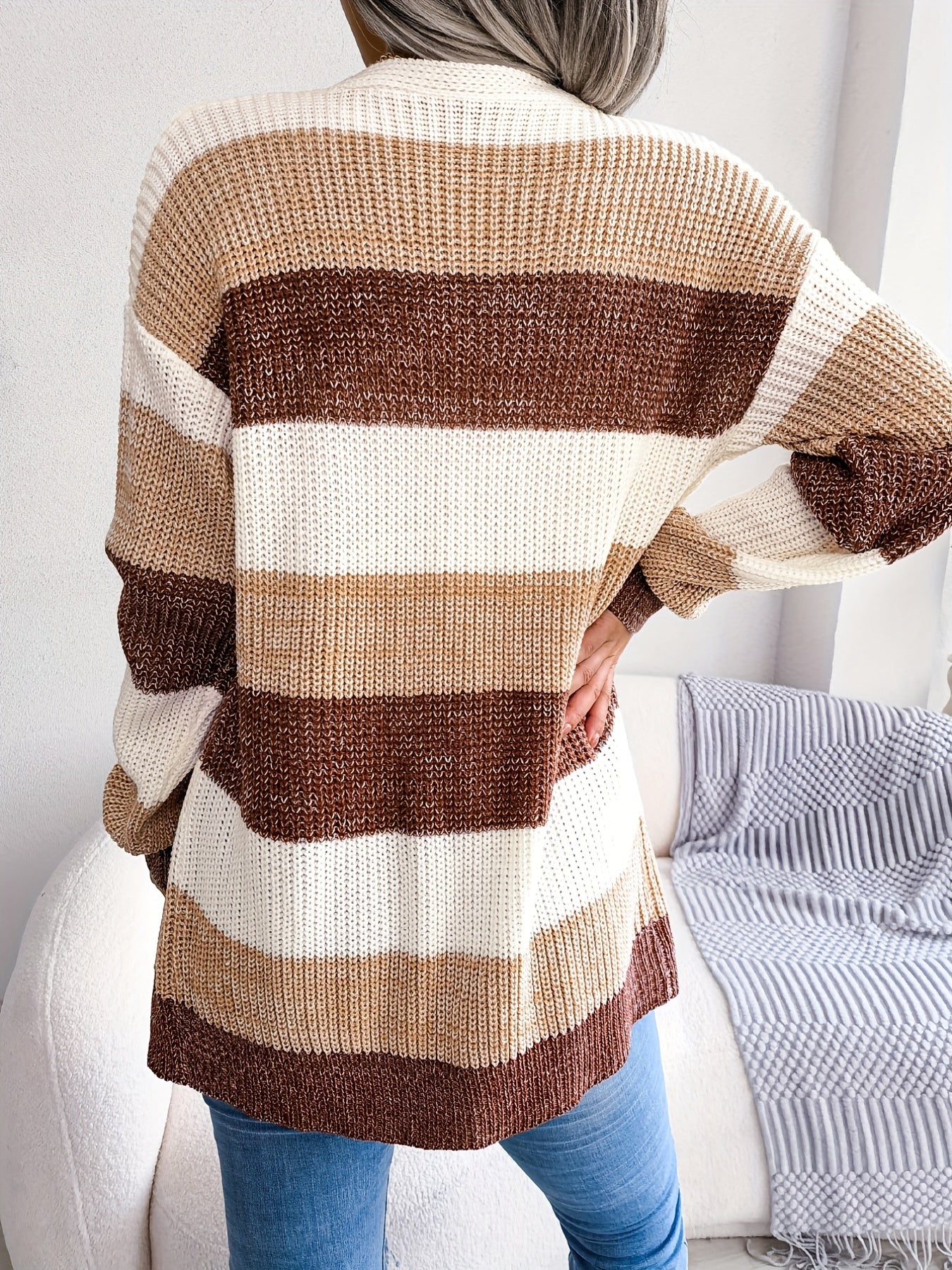 Striped Colorblock V-neck Cardigans, Casual Loose Drop Shoulder Long Sleeve Fall Winter Knit Cardigan, Women's Clothing
