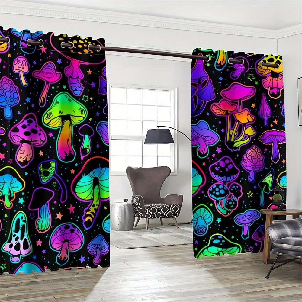 2pcs UV Neon Mushrooms Digital Printed Grommet Top Curtains for Living Room Office Home Decoration