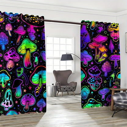 2pcs UV Neon Mushrooms Digital Printed Grommet Top Curtains for Living Room Office Home Decoration