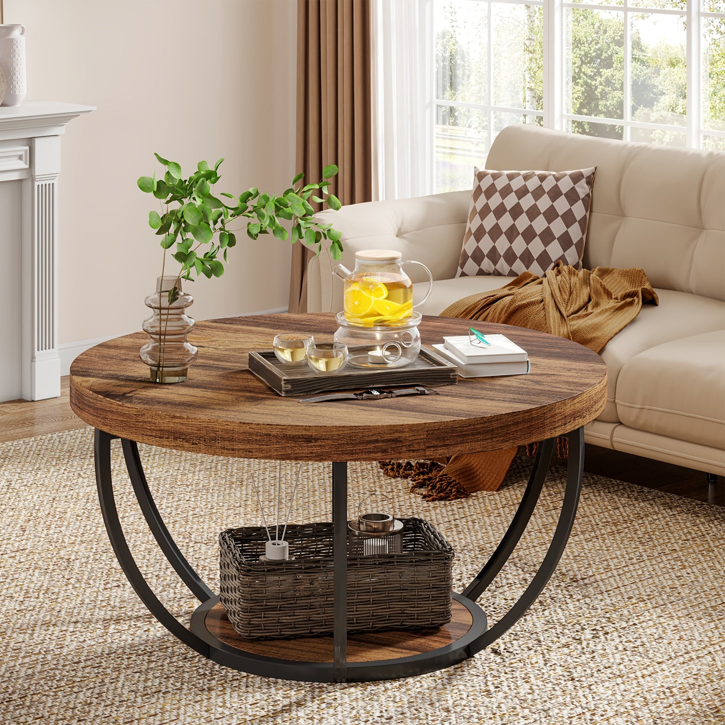 Stylish 31.7" Round 2-Tier Coffee Table with Storage Shelves - Rustic Brown Wooden Accent Center Table for Living Room & Home Office, Modern Industrial Design with Metal Base, Ideal for Halloween & Thanksgiving Decor, Coffee