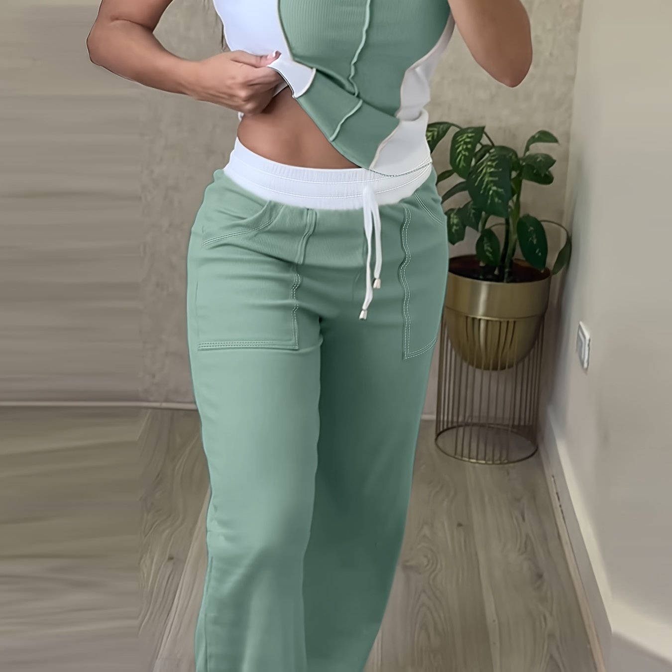 [Casual Color Block Pantsuit] Polyester Women's Casual Color Block Pantsuit with Drawstring Waist - Olive Green, White, and Gray, Spring/Summer Fashion, Casual Attire|Casual Style