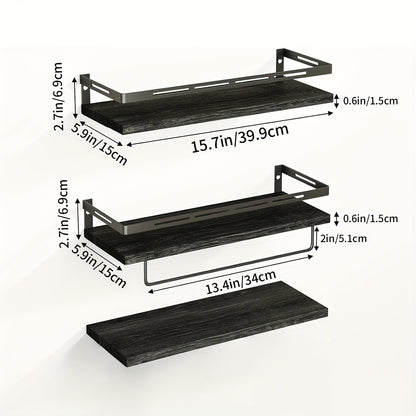 Superlele 6pcs Floating Shelves, Christmas And Home Storage, Wall Mounted Floating Shelves With Metal Frame, Rustic Shelves Over Toilet With Towel Bar For Kitchen, Bedroom, Black
