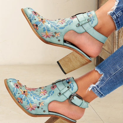 [New, Chunky Heel Boots] 2025 New Chunky Heel Ankle Boots | Women's Pointed Toe Floral Vintage Style with Comfortable Open Back Strap