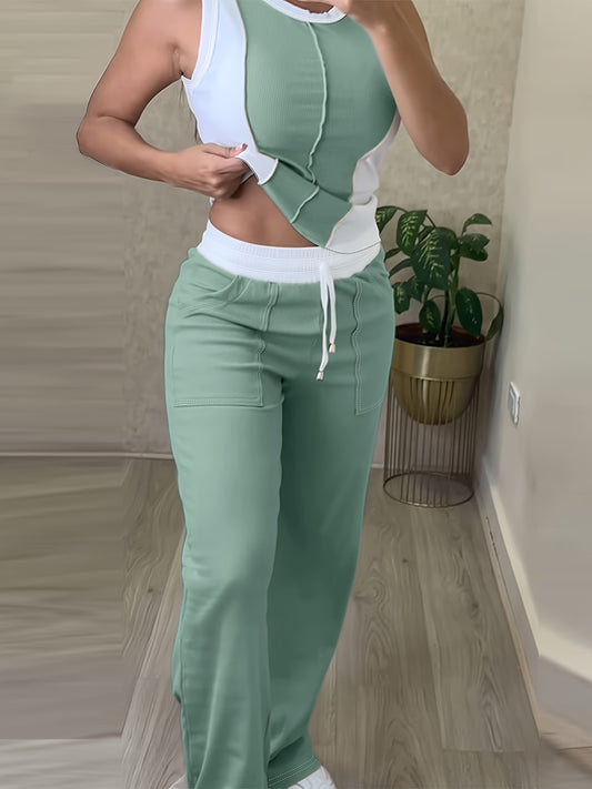 [Casual Color Block Pantsuit] Polyester Women's Casual Color Block Pantsuit with Drawstring Waist - Olive Green, White, and Gray, Spring/Summer Fashion, Casual Attire|Casual Style