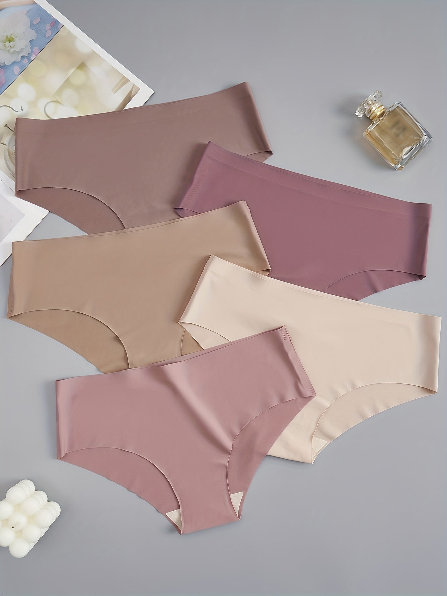 [Soft Briefs] 5pcs Soft & Comfortable Women's Briefs | Seamless, Low-Rise, Stretch Fit, Non-See-Through, Nylon Blend Underwear in Assorted Shades of Brown and Purple, Minimalist Style, Stretchy