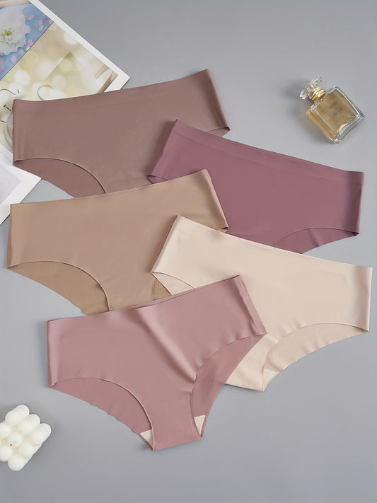[Soft Briefs] 5pcs Soft & Comfortable Women's Briefs | Seamless, Low-Rise, Stretch Fit, Non-See-Through, Nylon Blend Underwear in Assorted Shades of Brown and Purple, Minimalist Style, Stretchy