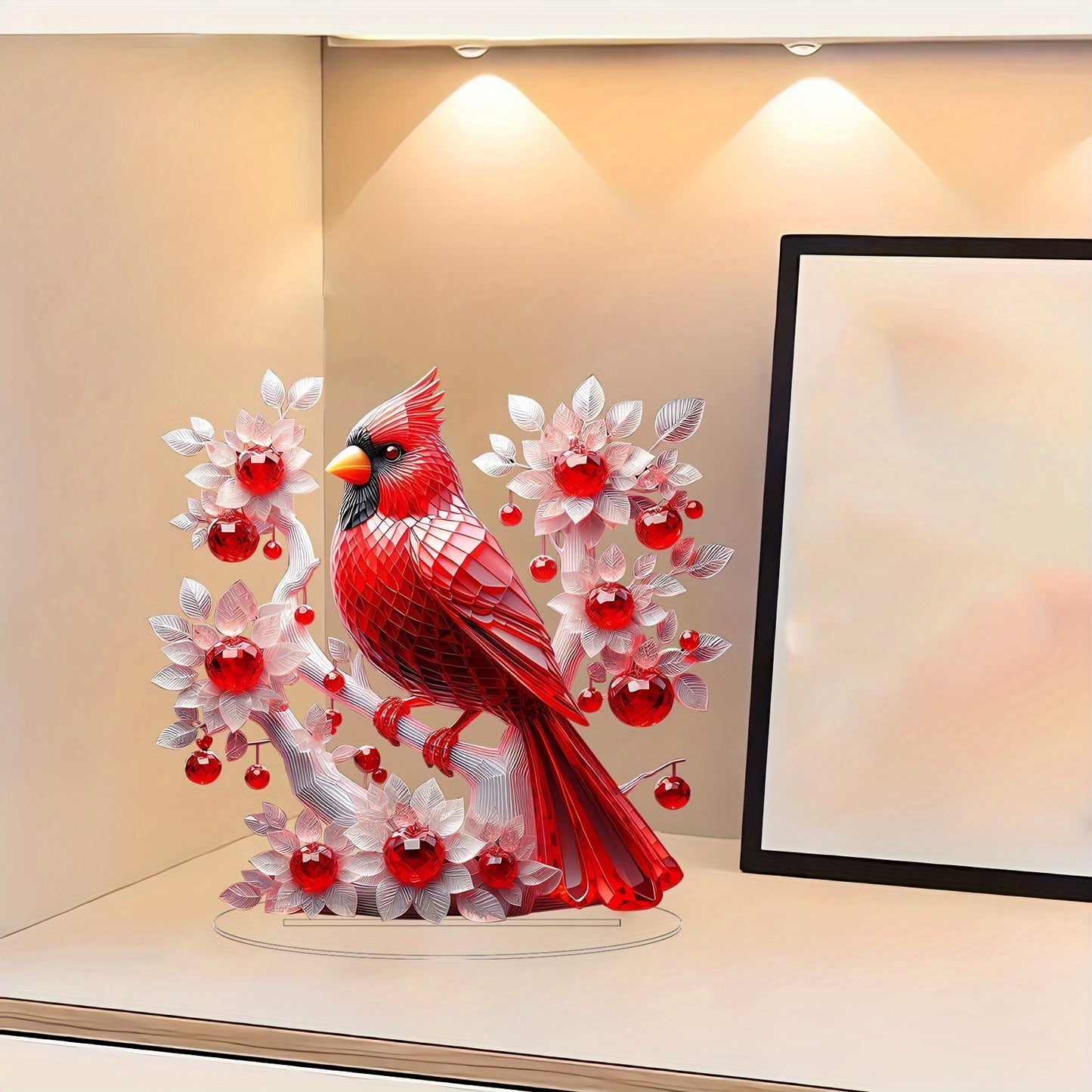 1pc Acrylic Cardinal Bird Statue with White Floral Accents, Art Deco Style Tabletop Decor, Animal Theme Desk Ornament, Ideal for Valentine'S Day, Christmas, Home, Office, Living Room, Bar - No Power Needed