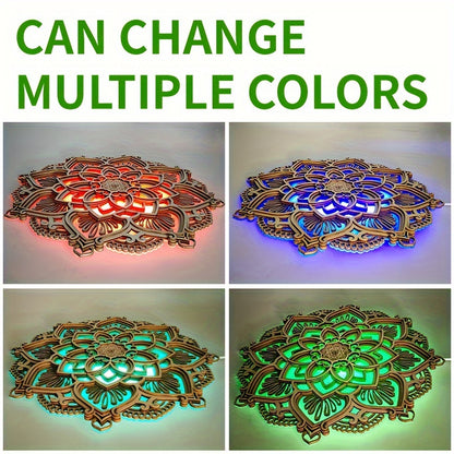 [3D Carved Wooden Mandala Light] Wooden mandala atmosphere LED night light, creative three-dimensional carved gifts, home decoration pendant crafts, Christmas, birthday gifts.