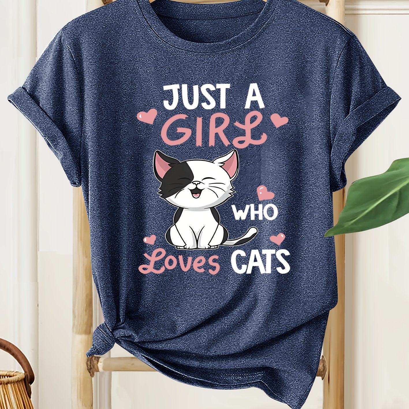 [Cute Cat Tee] Soft Casual Women's Cat Lover Graphic Tee | Cute Cartoon Kitten with Hearts & "Just a Who Loves Cats" Text, Machine Washable All-Season Shirt, Nontransparent Material
