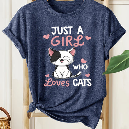 [Cute Cat Tee] Soft Casual Women's Cat Lover Graphic Tee | Cute Cartoon Kitten with Hearts & "Just a Who Loves Cats" Text, Machine Washable All-Season Shirt, Nontransparent Material