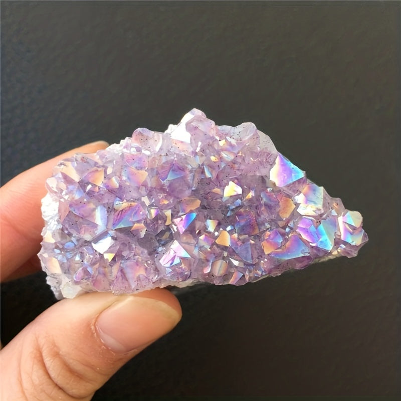 1pc Aura Amethyst Cluster Titanium Bonded High Decoration Crystal, Natural Reiki Rock And Calming Effects