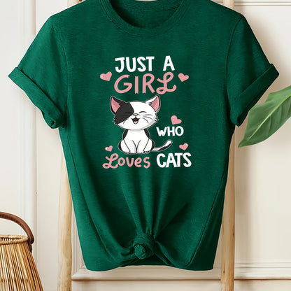 [Cute Cat Tee] Soft Casual Women's Cat Lover Graphic Tee | Cute Cartoon Kitten with Hearts & "Just a Who Loves Cats" Text, Machine Washable All-Season Shirt, Nontransparent Material
