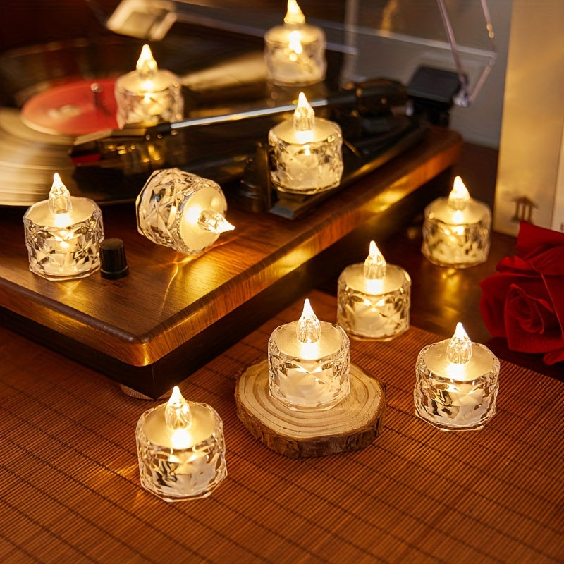 12pcs LED Electronic Candle Lights, Rose Pattern Vertical Refraction Halo Projection, Mini Simulated Flameless Candles For Wedding, Valentine's Day, Halloween, Christmas, Holiday, Home Decoration