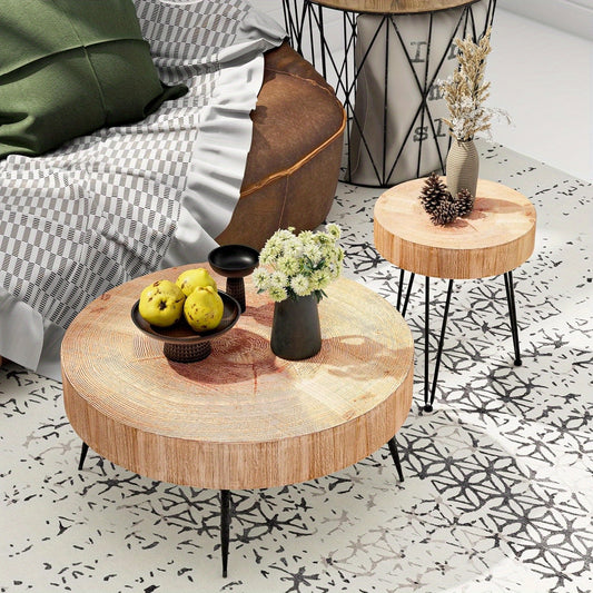 [Modern Farmhouse Nesting Table] Modern Farmhouse Nesting Table Round Natural Finish with Handcrafted Ring Motif, Light Red + Wood Color Furniture for Home, Storage Shelves, Nightstand, Living Room Coffee Table Set
