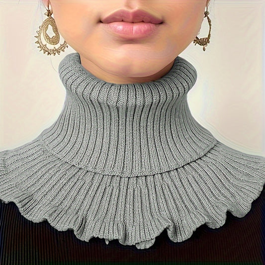 Soft Ruffle Infinity Scarf - Warm Monochrome Knit Fake Collar Neck Gaiter for Autumn Winter - Coldproof Elastic Decoration Pullover Neck Cover with Simple Thick Design