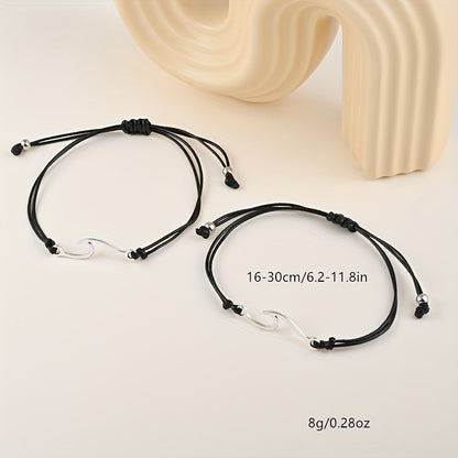 [Alloy Braided BFF Couple Friends] 2pcs/Set Wave Design Alloy Braided Bracelet Beach Style Hand Decoration Gift For BFF Couple Friends