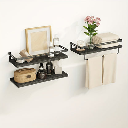 Superlele 6pcs Floating Shelves, Christmas And Home Storage, Wall Mounted Floating Shelves With Metal Frame, Rustic Shelves Over Toilet With Towel Bar For Kitchen, Bedroom, Black