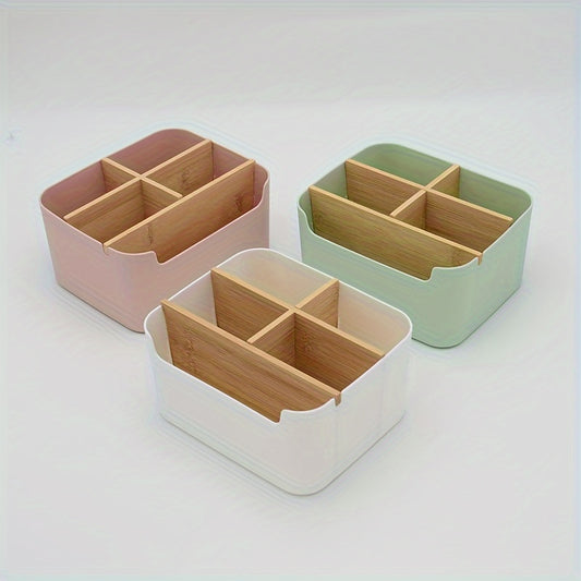 1pc 5 Compartments Bamboo Desk Organizer, Office Organizer with Pen Holder, Bathroom Make Up Storage Box, Living Room Sundries Holder, Bedroom Earing Hair Ring Jewelry Storage Box, Desk & Drawer Organizer for Home Storage