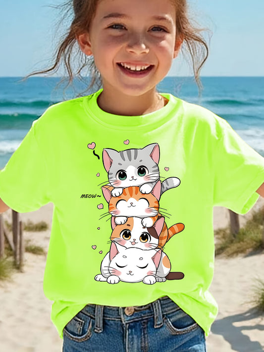 [Playful Cat Graphic Tee] Vibrant Orange Girls' Summer Short Sleeve T-Shirt | Cute Cartoon Cat & Meow~ Design, Breathable Round Neck Tee for Beach & Casual Attire, Playful Graphic Tee, Comfortable Fit Shirt