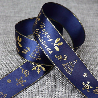 1pc 5 Yards 25mm Bronzing Christmas Ribbon Printed Polyester Ribbon For Christmas Decoration Gift Wrapping DIY Sewing Fabric