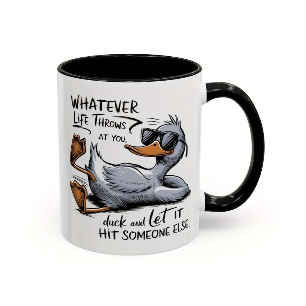 1pc 11oz Ceramic Coffee Mug with Funny Duck Quote "Whatever Life Throws at You, Duck and Let It Hit Someone Else" - Humorous White Cup with Fashion Glasses Duck Design & Black Handle, Dishwasher Safe, Perfect Gift for Friends