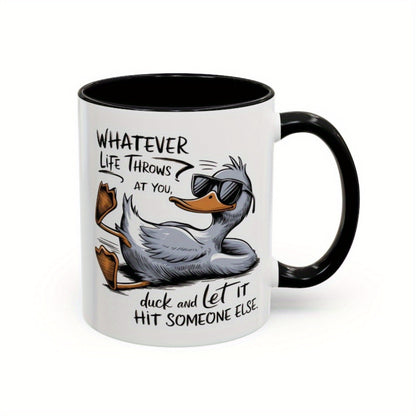 1pc 11oz Ceramic Coffee Mug with Funny Duck Quote "Whatever Life Throws at You, Duck and Let It Hit Someone Else" - Humorous White Cup with Fashion Glasses Duck Design & Black Handle, Dishwasher Safe, Perfect Gift for Friends
