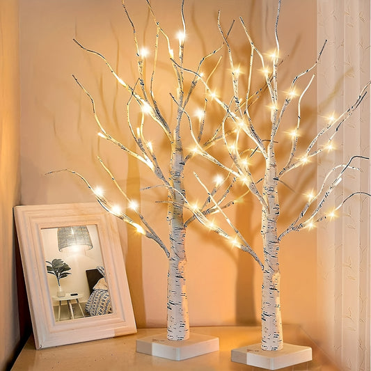 1pc 2ft Warm White Battery Operated White Birch Tree Lights for Home Decoration, Desktop Mini Artificial Tree Lights with Fireplace Holder for Christmas and Summer