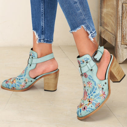 [New, Chunky Heel Boots] 2025 New Chunky Heel Ankle Boots | Women's Pointed Toe Floral Vintage Style with Comfortable Open Back Strap