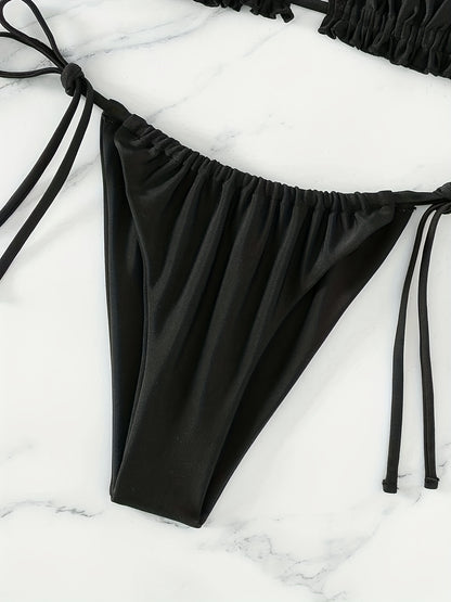 [Ruched Bra Top Bikini] Two Piece Ruched Bra Top Bikini Swimsuit - Double Drawstring Bandeau Tie Side High Cut - Women's Swimwear