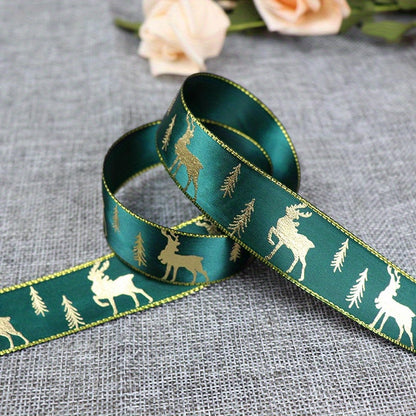1pc 5 Yards 25mm Bronzing Christmas Ribbon Printed Polyester Ribbon For Christmas Decoration Gift Wrapping DIY Sewing Fabric